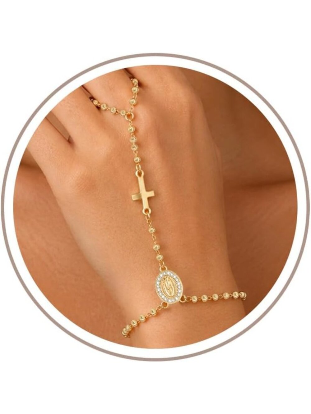 Dainty Gold Rosary Hand Chain Bracelet - 14K Plated Virgin Mary Cross Jewelry